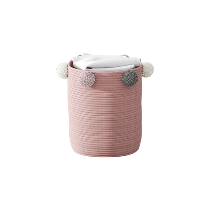 Cotton Rope Basket Woven Laundry Blanket Toy Basket Organizer with Pompom Living Room Pink