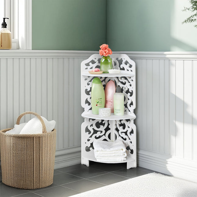3 Tiers White Freestanding Corner Storage Shelf for Bathroom