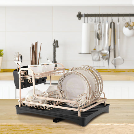 2 Tier Aluminum Dish Storage Rack with Cutlery Holder Drain Hole