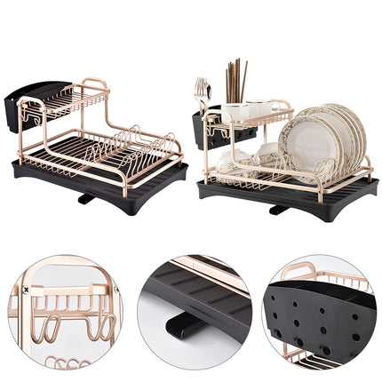 2 Tier Aluminum Dish Storage Rack with Cutlery Holder Drain Hole