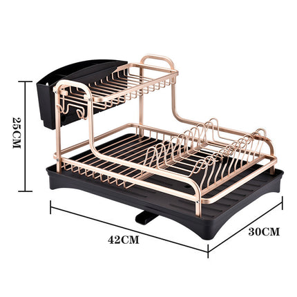 2 Tier Aluminum Dish Storage Rack with Cutlery Holder Drain Hole