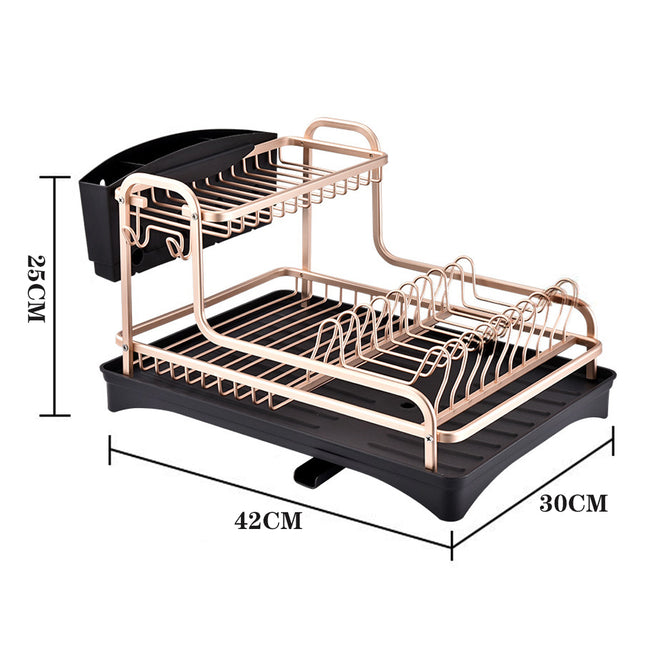 2 Tier Aluminum Dish Storage Rack with Cutlery Holder Drain Hole