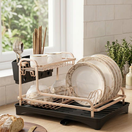 2 Tier Aluminum Dish Storage Rack with Cutlery Holder Drain Hole