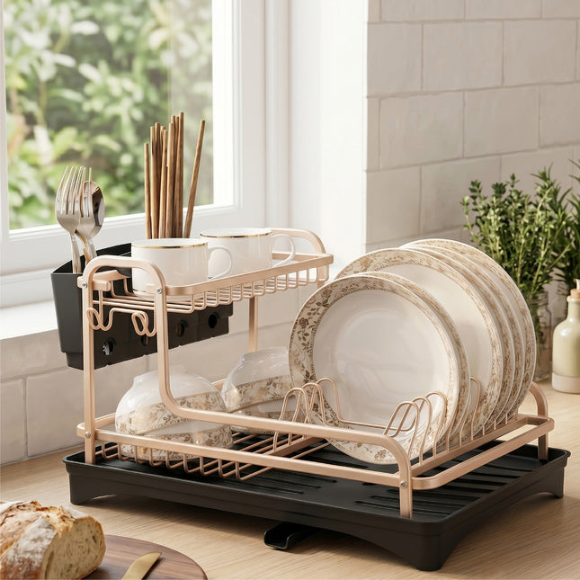 2 Tier Aluminum Dish Storage Rack with Cutlery Holder Drain Hole