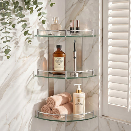3-Tier Corner Shower Caddy with Tempered Glass 20x20cm