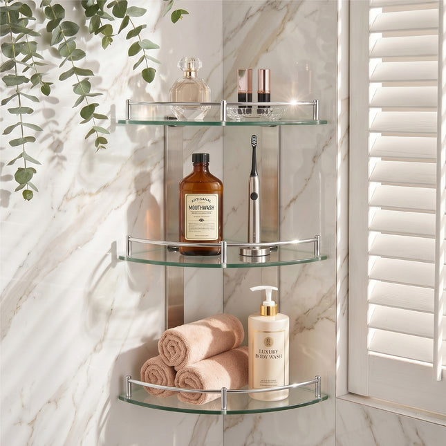 3-Tier Corner Shower Caddy with Tempered Glass 20x20cm