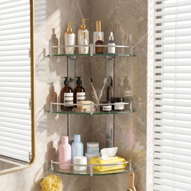 3-Tier Corner Shower Caddy with Tempered Glass Panel 25x25cm