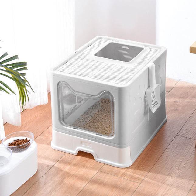 Foldable Cat Litter Box with Front Entry and Top Opening
