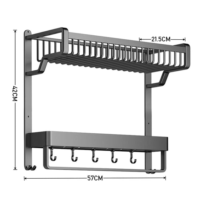 2-Tier Bathroom Wall Shelf with Towel Bar and Hooks 57x42