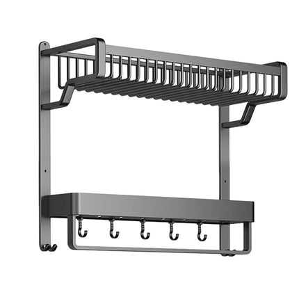 2-Tier Bathroom Wall Shelf with Towel Bar and Hooks 57x42
