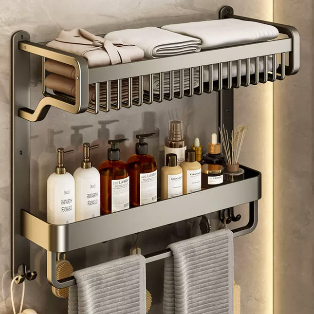 2-Tier Bathroom Wall Shelf with Towel Bar and Hooks 57x42