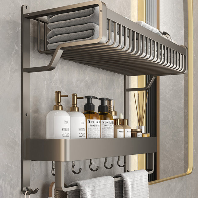 2-Tier Bathroom Wall Shelf with Towel Bar and Hooks 57x42