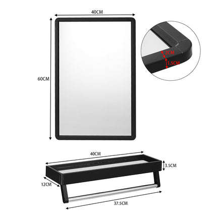 40x60 cm Black Bathroom Wall Mirror with Shelf