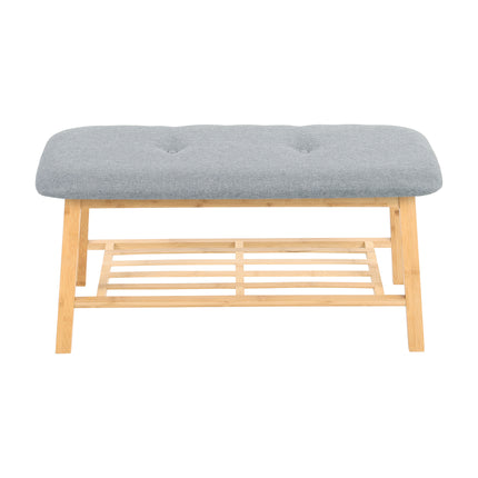 2 Tier Hallway Bamboo bench with Linen Cushion Shoes Storage Rack Grey