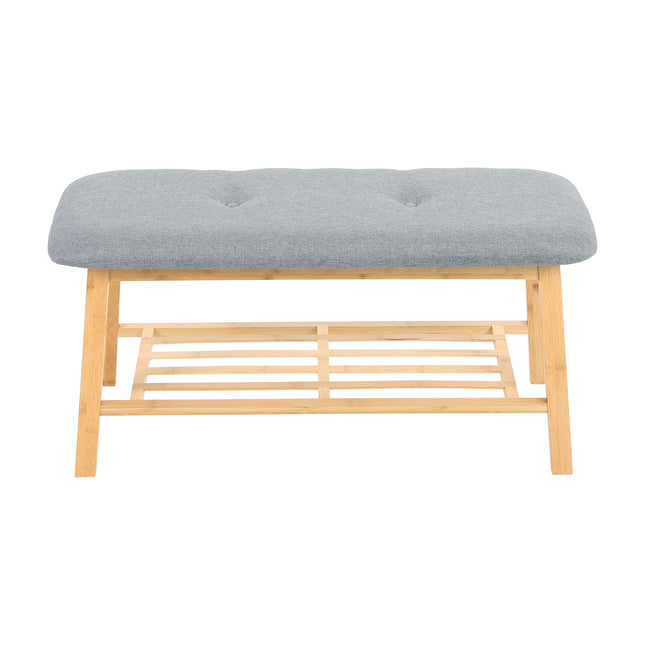 2 Tier Hallway Bamboo bench with Linen Cushion Shoes Storage Rack Grey