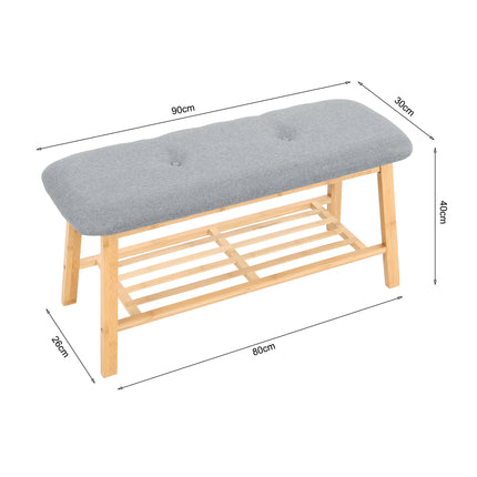 2 Tier Hallway Bamboo bench with Linen Cushion Shoes Storage Rack Grey
