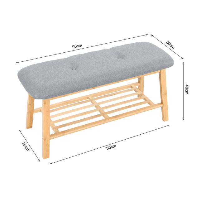 2 Tier Hallway Bamboo bench with Linen Cushion Shoes Storage Rack Grey