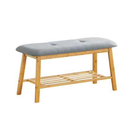 2 Tier Hallway Bamboo bench with Linen Cushion Shoes Storage Rack Grey
