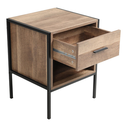 Metal Frame Wood Industrial Bedside Table with Drawer