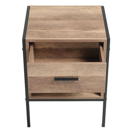 Metal Frame Wood Industrial Bedside Table with Drawer