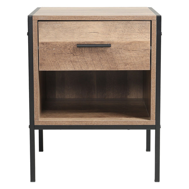 Metal Frame Wood Industrial Bedside Table with Drawer