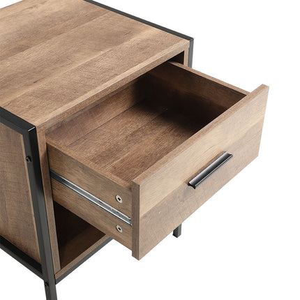 Metal Frame Wood Industrial Bedside Table with Drawer