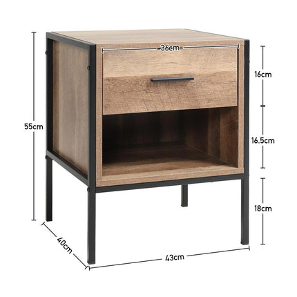 Metal Frame Wood Industrial Bedside Table with Drawer