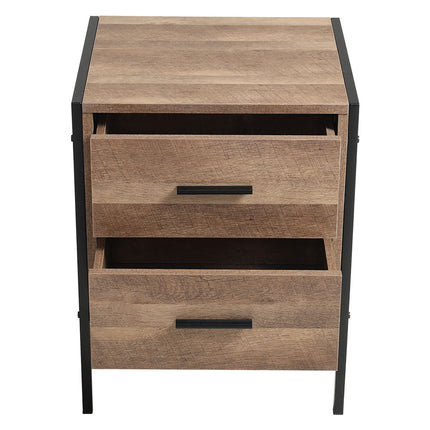 Metal Frame Wood Industrial Bedside Table with 2 Drawers