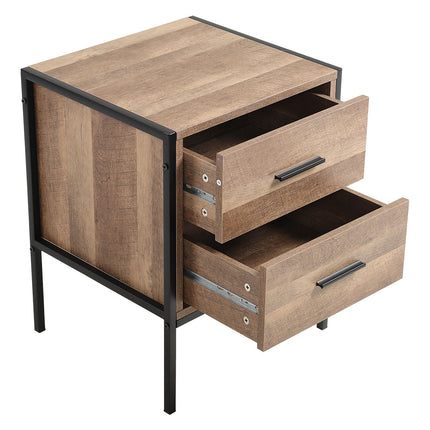 Metal Frame Wood Industrial Bedside Table with 2 Drawers