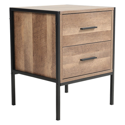 Metal Frame Wood Industrial Bedside Table with 2 Drawers