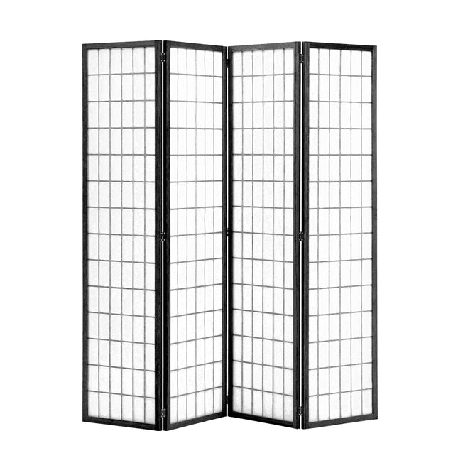 Black 4 Panel Solid Wood Folding Room Divider Privacy Screen