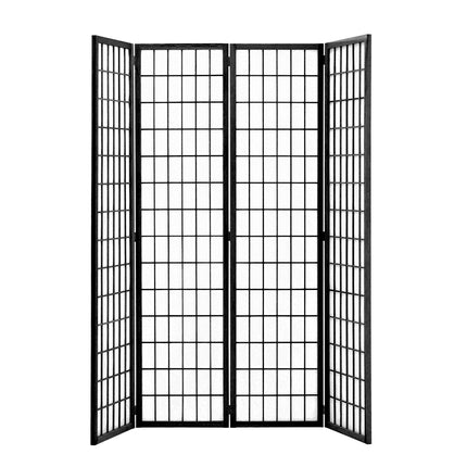 Black 4 Panel Solid Wood Folding Room Divider Privacy Screen