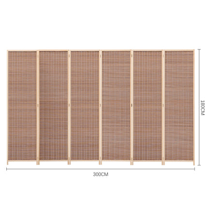 Brown Bamboo Woven 6 Panel Folding Room Divider Privacy Screen 300x180cm