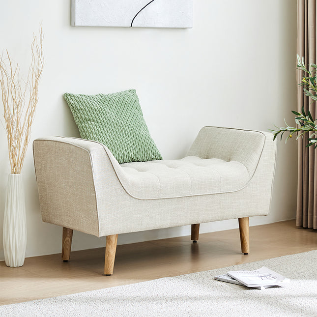 Beige 110cm Soft Chenille Upholstered Bench with Wooden Legs