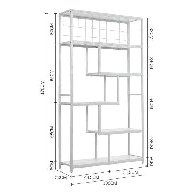 Six-tiered open bookcase storage shelf in white