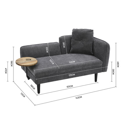 Grey 143cm W Linen Chaise Lounge with Tray Table
