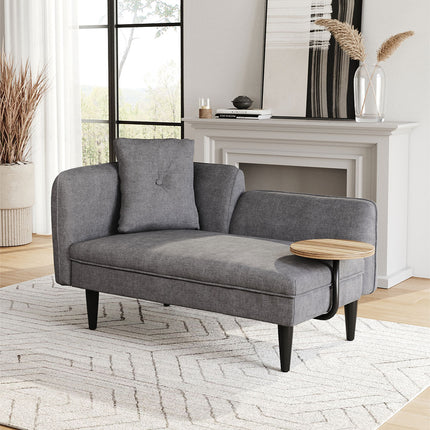 Grey 143cm W Linen Chaise Lounge with Tray Table