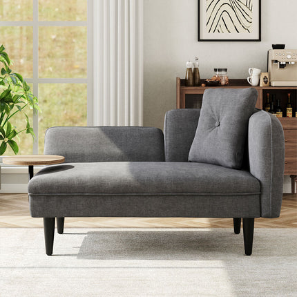 Grey 143cm W Linen Chaise Lounge with Tray Table