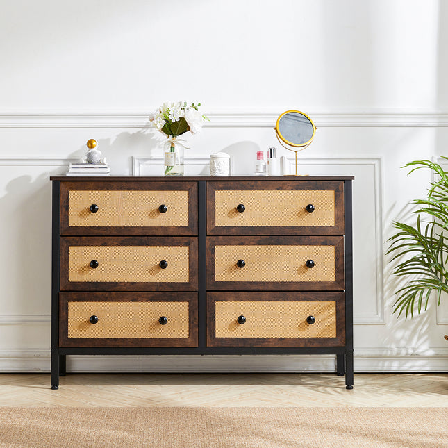 Rustic Rattan Storage Cabinet with Six Drawers