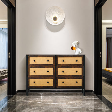 Rustic Rattan Storage Cabinet with Six Drawers