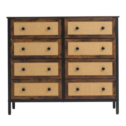 Rustic Rattan Storage Cabinet with Eight Drawers