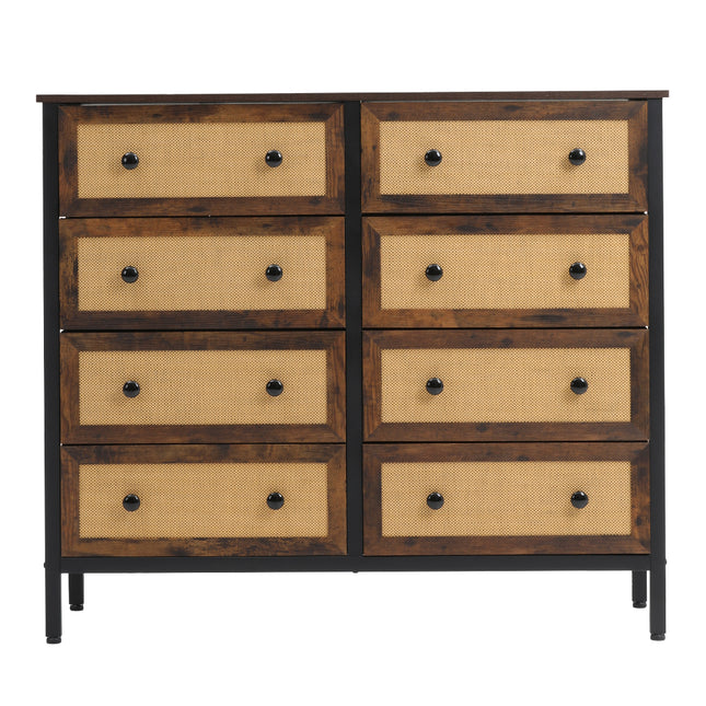 Rustic Rattan Storage Cabinet with Eight Drawers