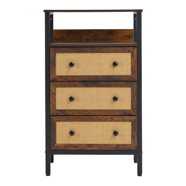 3 Drawer Rustic Rattan Storage Cabinet with Shelf  104cm H