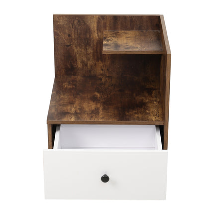 Urban Style Wooden Bedside Table with Drawers and Open Shelves White and Rustic Brown