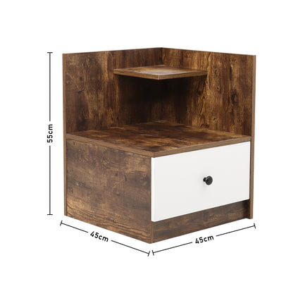 Urban Style Wooden Bedside Table with Drawers and Open Shelves White and Rustic Brown