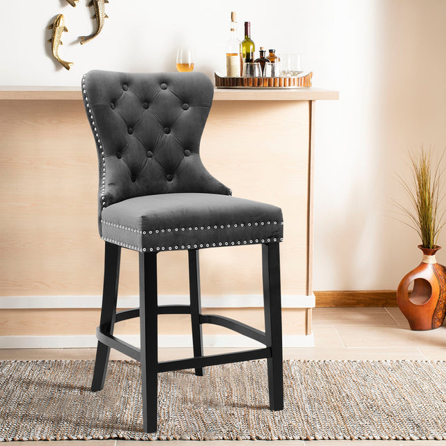 Vintage Velvet Buttoned Studded Dining Chair, Dark Grey 106cm H