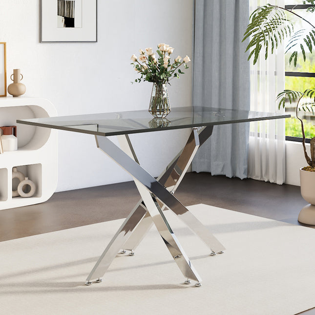 120x70cm Square Glass Dining Table with Silver Chrome Legs