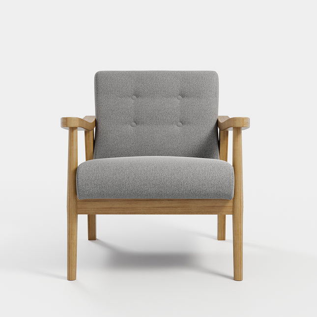 Grey Wooden Framed Accent Linen Fabric Buttoned Armchair
