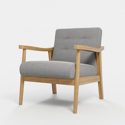 Grey Wooden Framed Accent Linen Fabric Buttoned Armchair