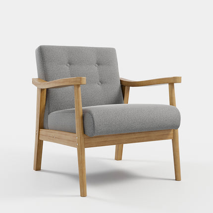 Grey Wooden Framed Accent Linen Fabric Buttoned Armchair